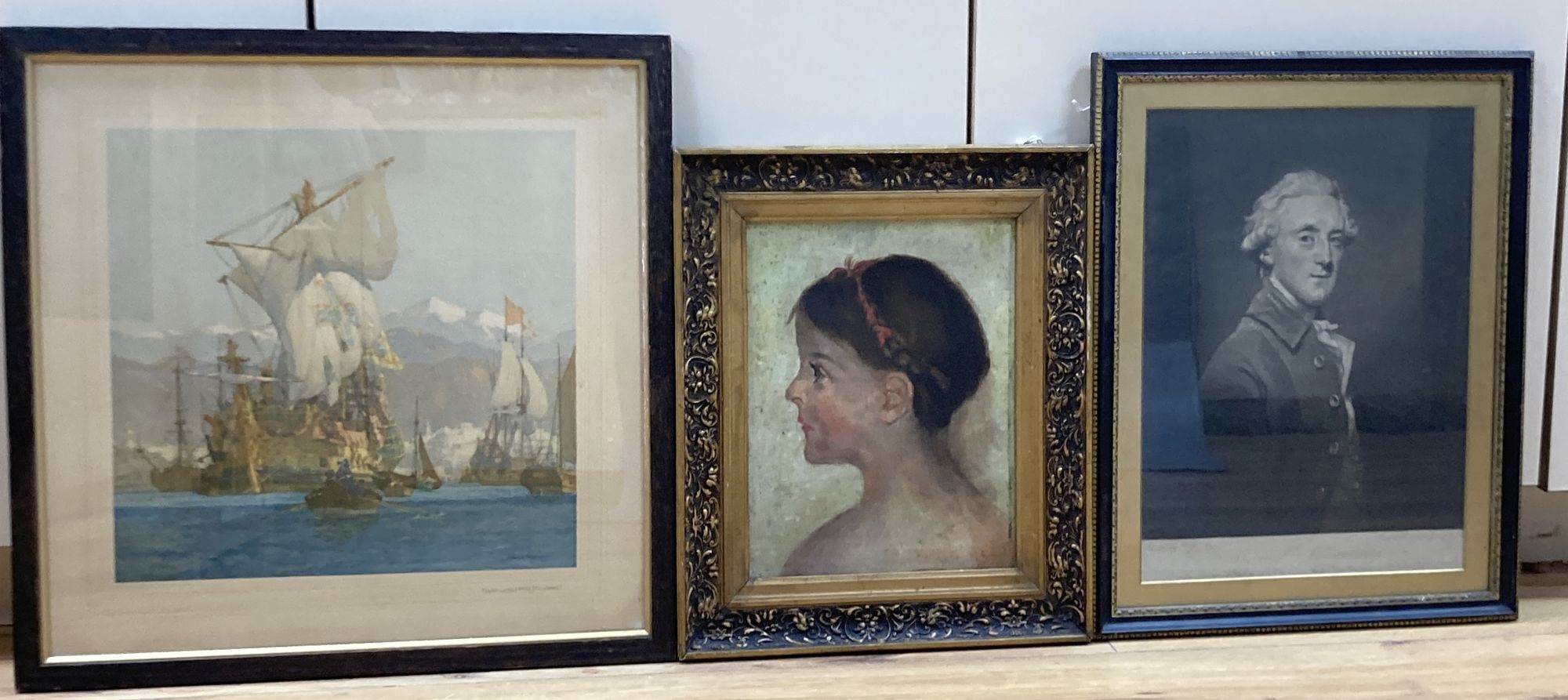 Grozer after Reynolds, mezzotint, Portrait of Viscount Duncannon, signed Norman Wilkinson print & sketch of a girl